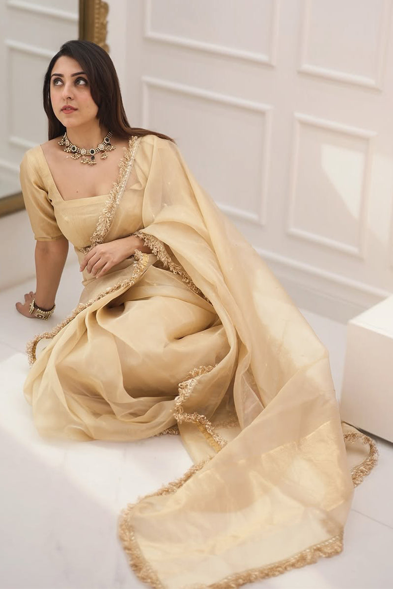 Elegant Beige Cotton Silk Saree with Embroidered Border & Lace Blouse Piece