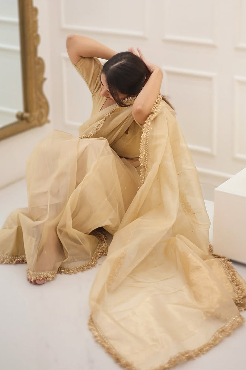 Elegant Beige Cotton Silk Saree with Embroidered Border & Lace Blouse Piece