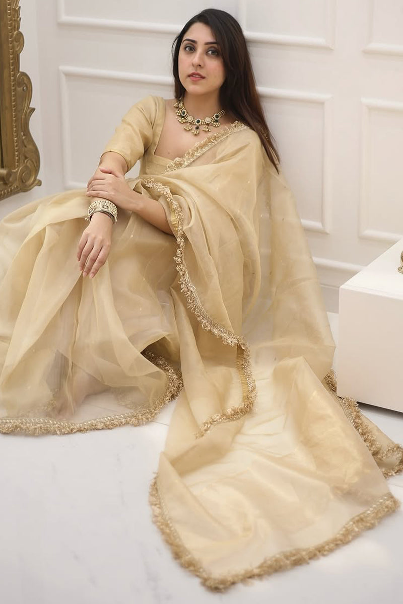 Elegant Beige Cotton Silk Saree with Embroidered Border & Lace Blouse Piece
