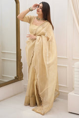 Elegant Beige Cotton Silk Saree with Embroidered Border & Lace Blouse Piece