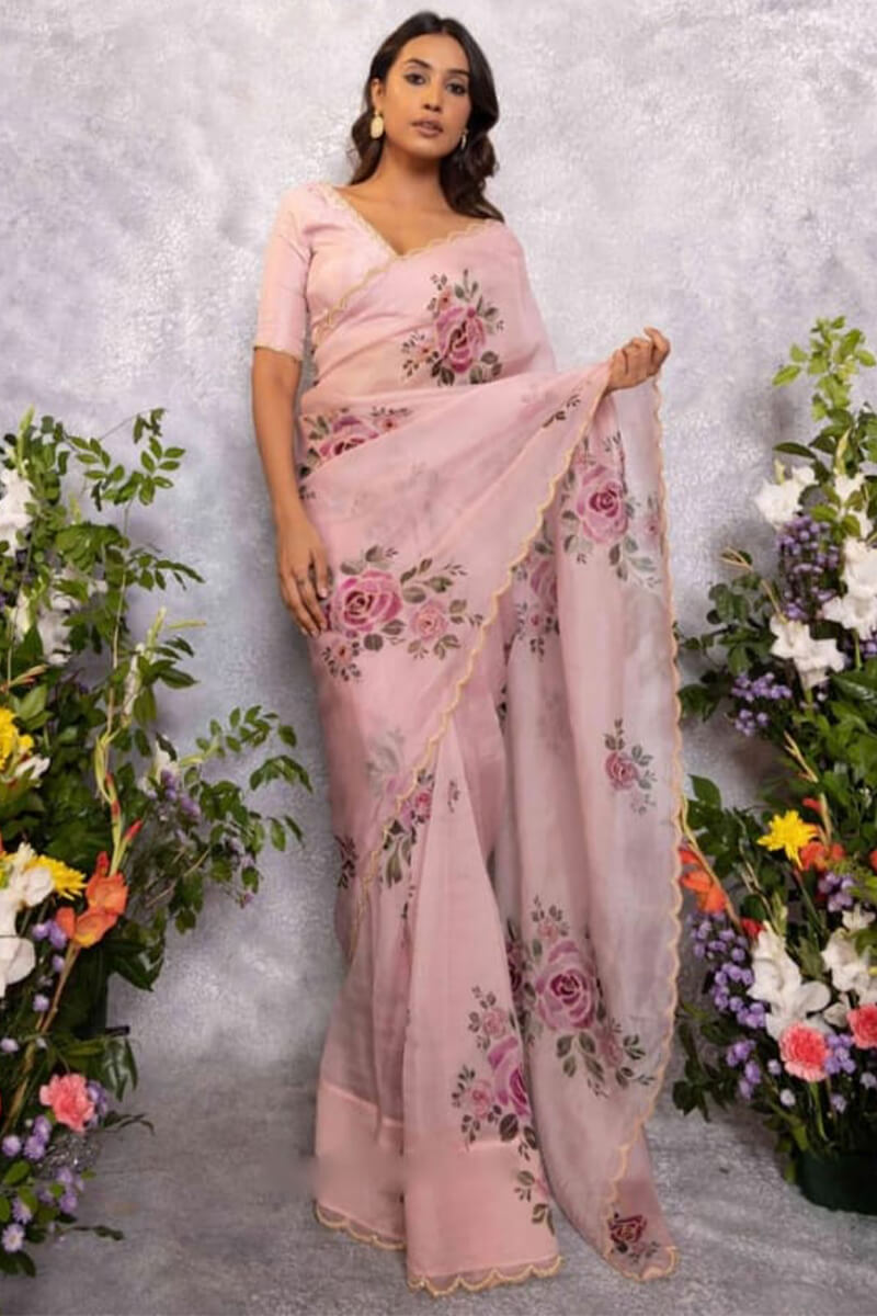 Elegant Beige Organza Silk Ready-to-Wear Saree with Handcrafted Border