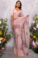 Elegant Beige Organza Silk Ready-to-Wear Saree with Handcrafted Border