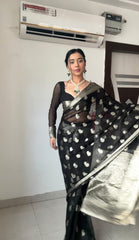 Elegant Black Cotton Silk Saree with Jacquard Weave and Coordinated Blouse