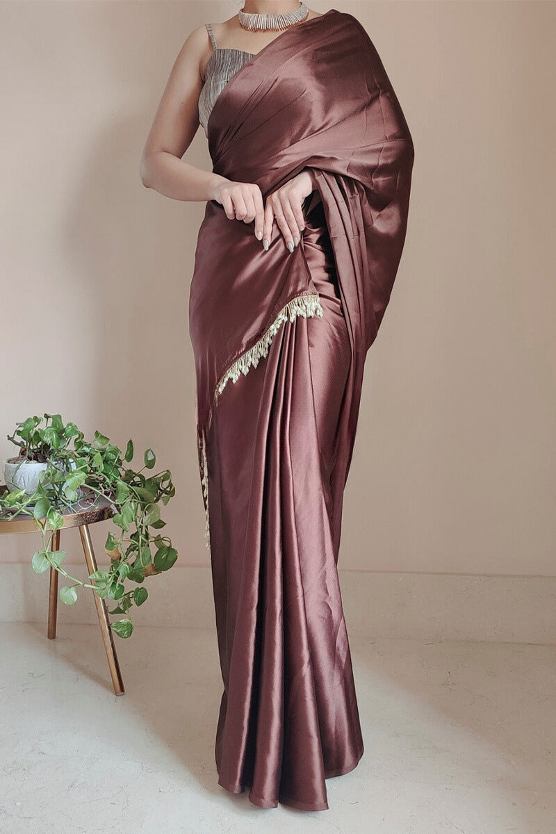 Elegant Brown Satin Silk Saree with Grey Blouse Piece