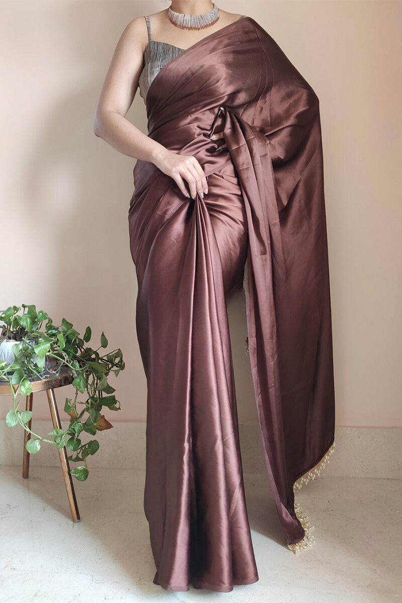 Elegant Brown Satin Silk Saree with Grey Blouse Piece