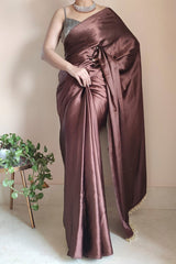 Elegant Brown Satin Silk Saree with Grey Blouse Piece