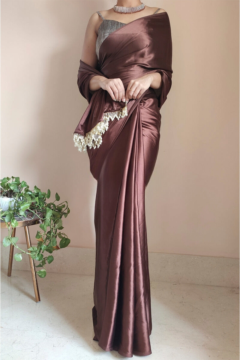 Elegant Brown Satin Silk Saree with Grey Blouse Piece