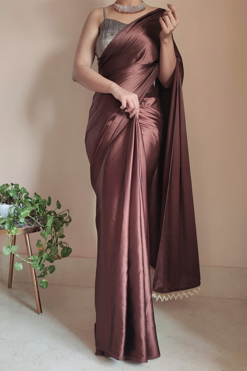 Elegant Brown Satin Silk Saree with Grey Blouse Piece