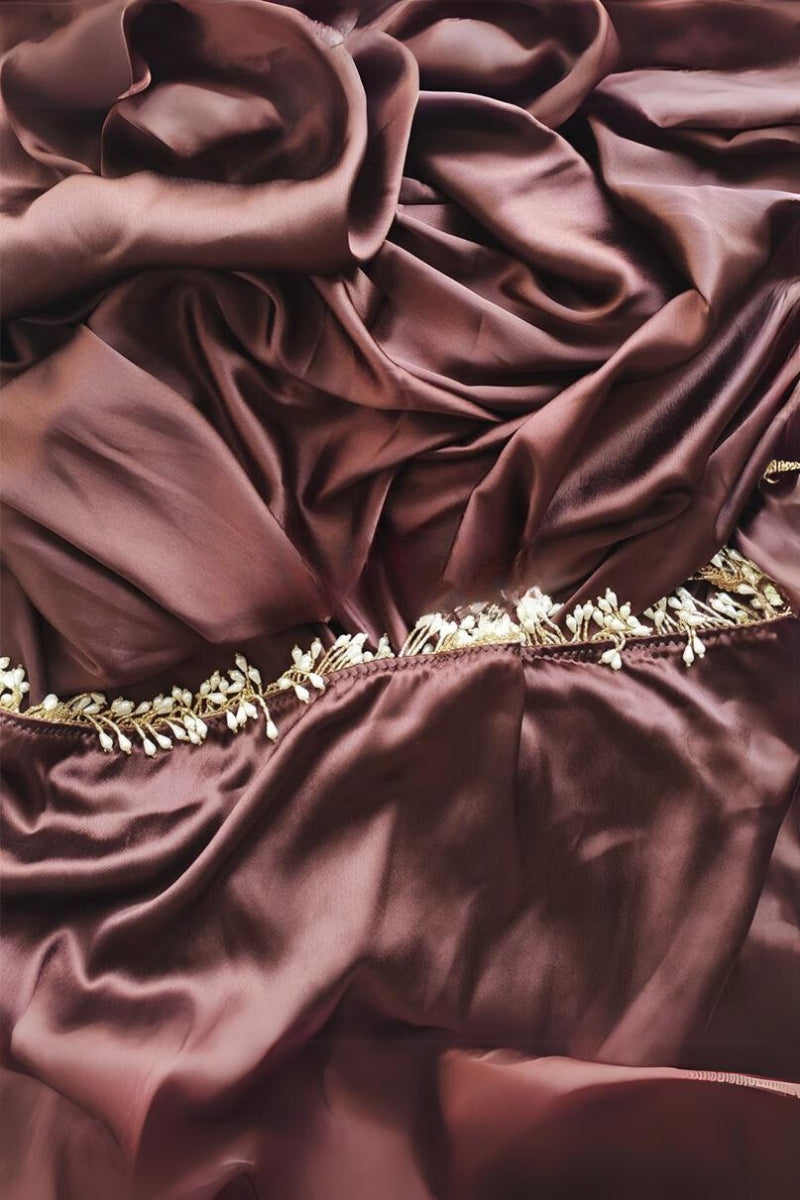 Elegant Brown Satin Silk Saree with Grey Blouse Piece