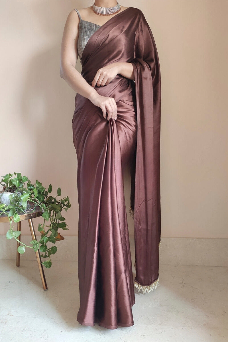 Elegant Brown Satin Silk Saree with Grey Blouse Piece