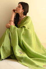 Elegant Green Malai Satin Silk Saree with Handwork & Lace Border