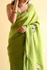 Elegant Green Malai Satin Silk Saree with Handwork & Lace Border