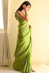 Elegant Green Malai Satin Silk Saree with Handwork & Lace Border