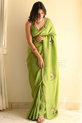Elegant Green Malai Satin Silk Saree with Handwork & Lace Border