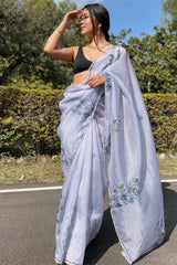 Elegant Grey Organza Silk Saree with Digital Print & Handwork Motifs