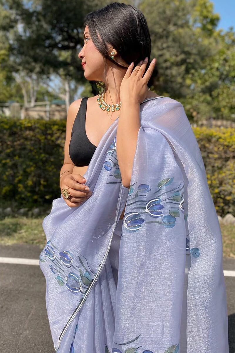 Elegant Grey Organza Silk Saree with Digital Print & Handwork Motifs