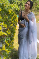 Elegant Grey Organza Silk Saree with Digital Print & Handwork Motifs