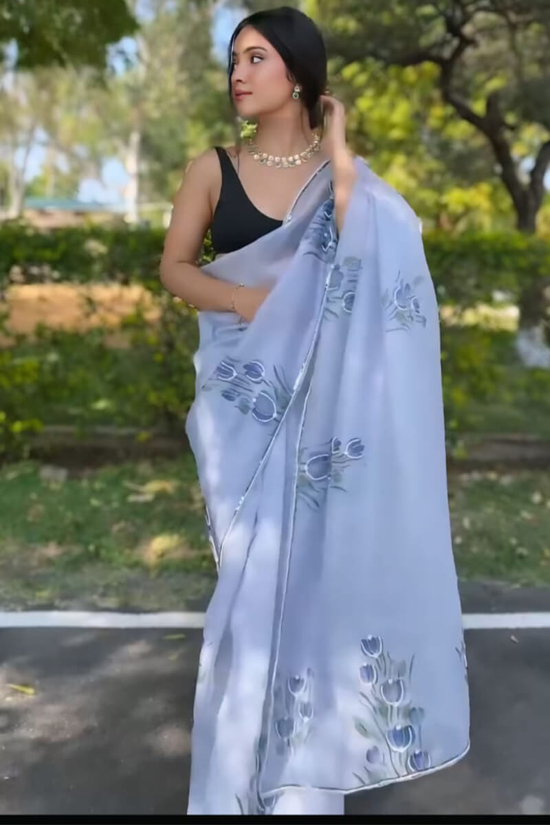 Elegant Grey Organza Silk Saree with Digital Print & Handwork Motifs
