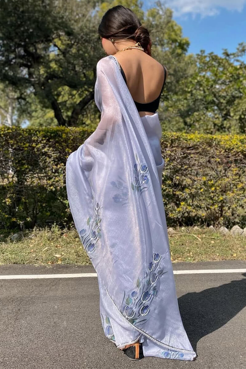 Elegant Grey Organza Silk Saree with Digital Print & Handwork Motifs