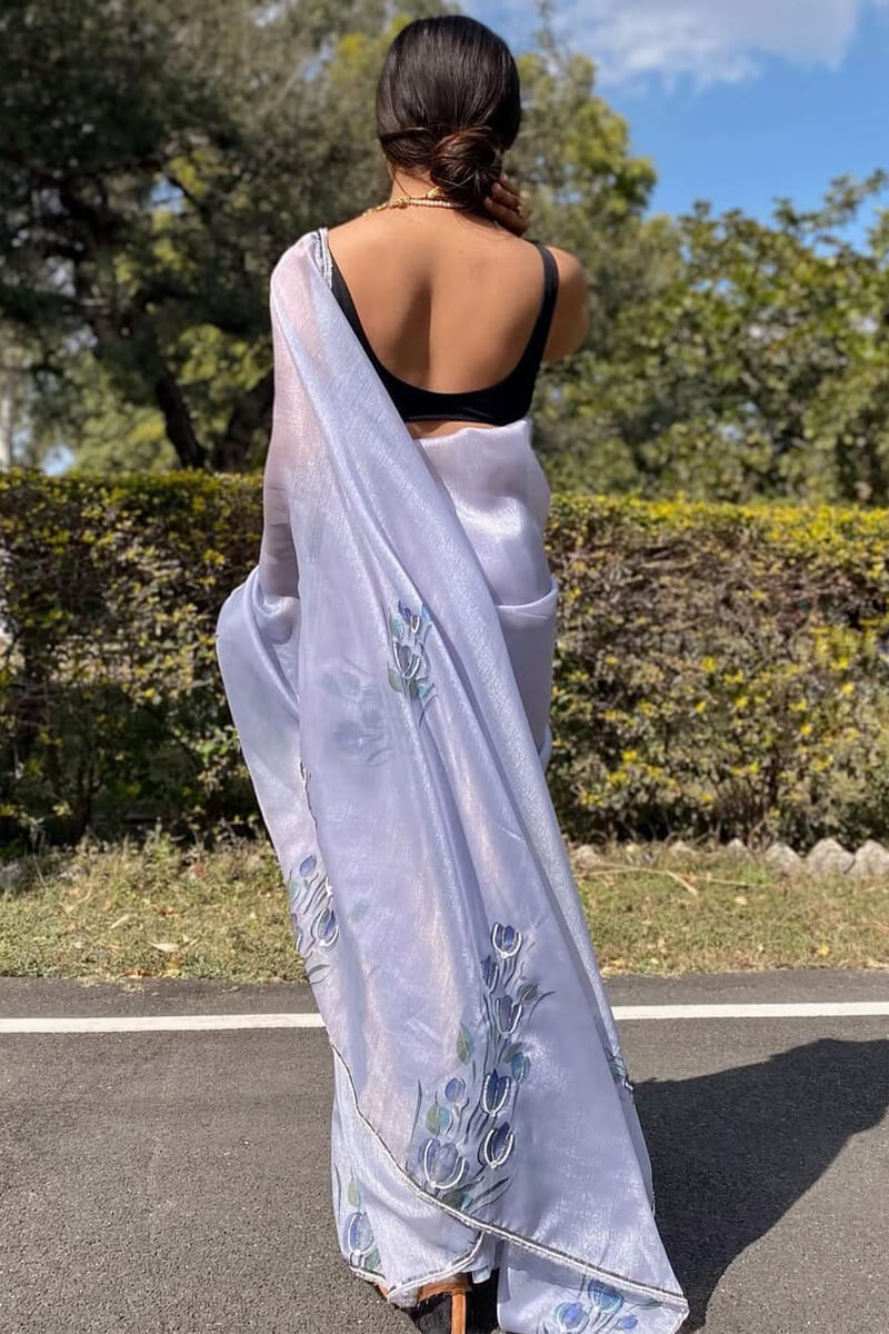 Elegant Grey Organza Silk Saree with Digital Print & Handwork Motifs
