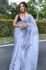 Elegant Grey Organza Silk Saree with Digital Print & Handwork Motifs