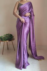 Elegant Heather Satin Silk Saree with Plain Grey Blouse