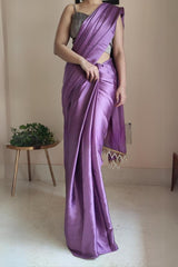 Elegant Heather Satin Silk Saree with Plain Grey Blouse