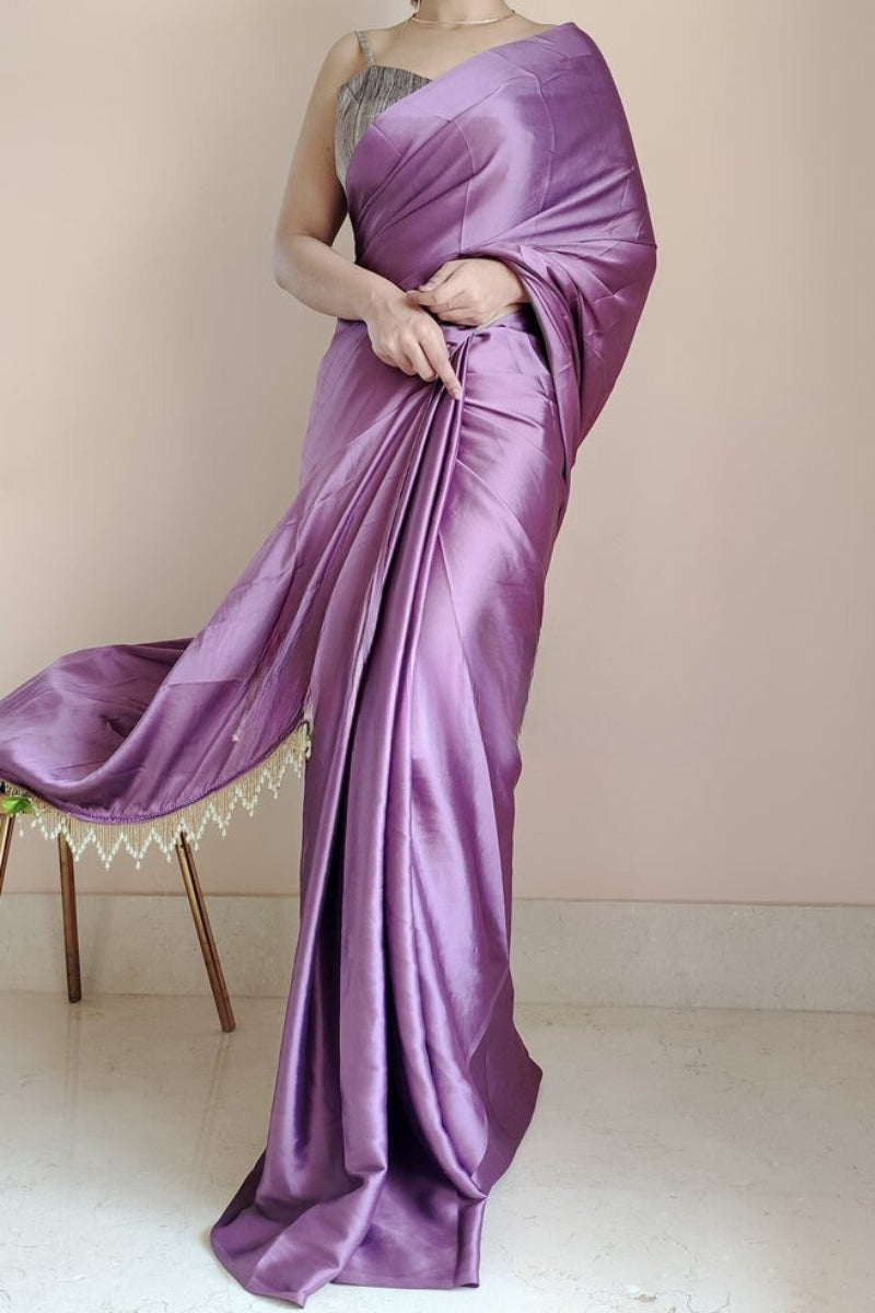 Elegant Heather Satin Silk Saree with Plain Grey Blouse