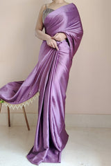 Elegant Heather Satin Silk Saree with Plain Grey Blouse