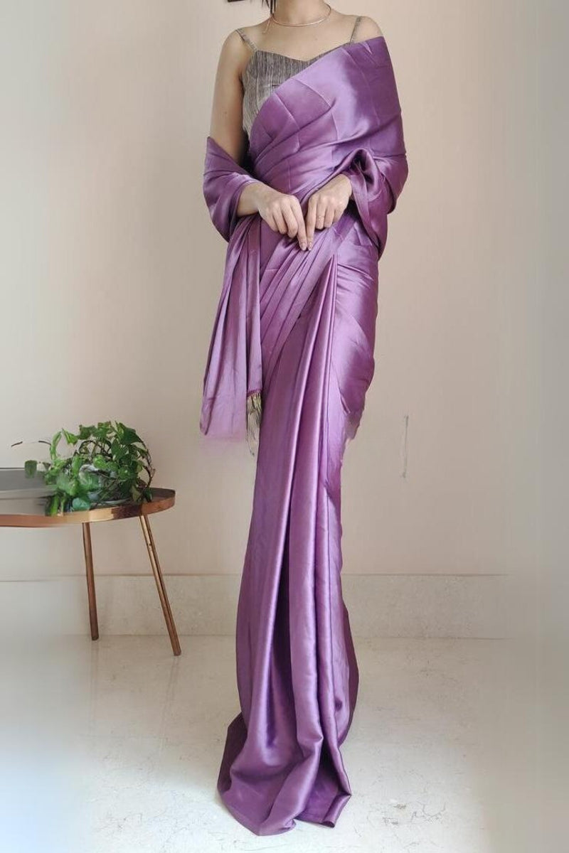 Elegant Heather Satin Silk Saree with Plain Grey Blouse