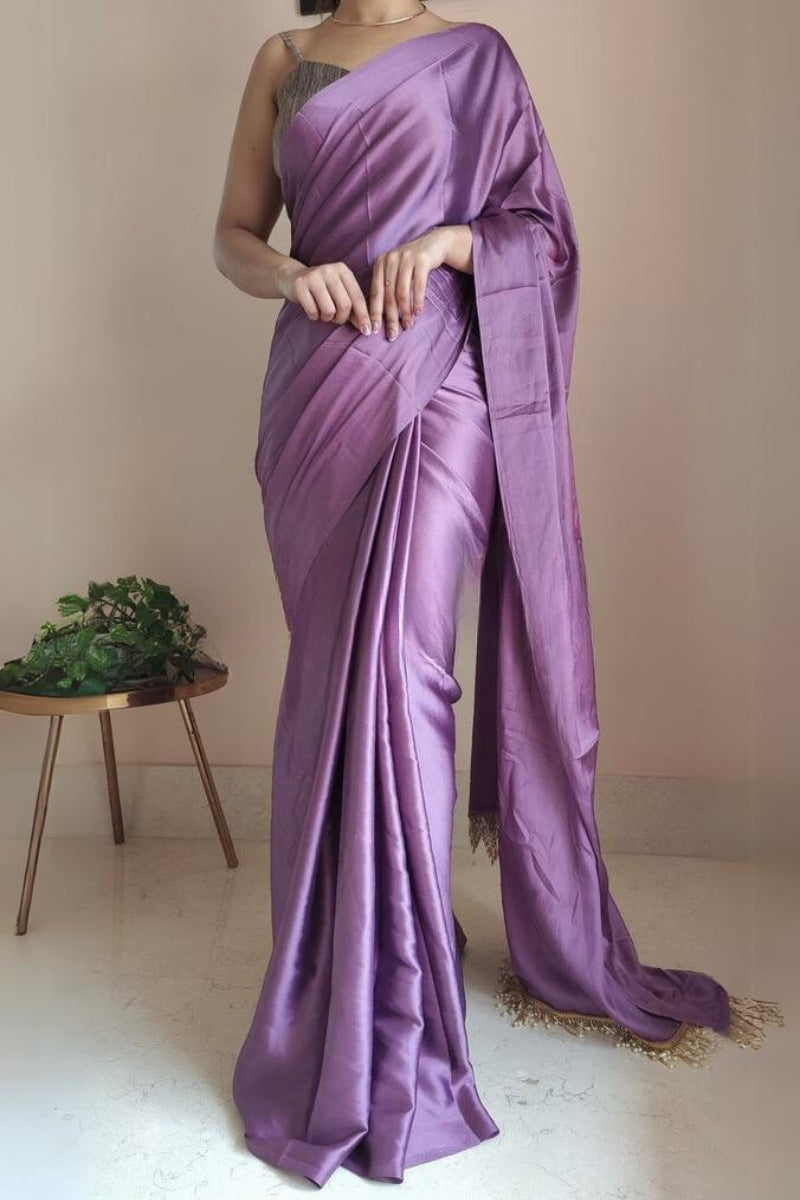 Elegant Heather Satin Silk Saree with Plain Grey Blouse
