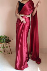 Elegant Maroon Satin Silk Saree with Grey Blouse Piece