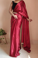 Elegant Maroon Satin Silk Saree with Grey Blouse Piece