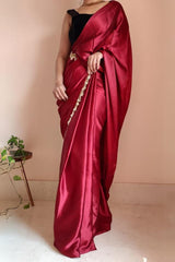 Elegant Maroon Satin Silk Saree with Grey Blouse Piece