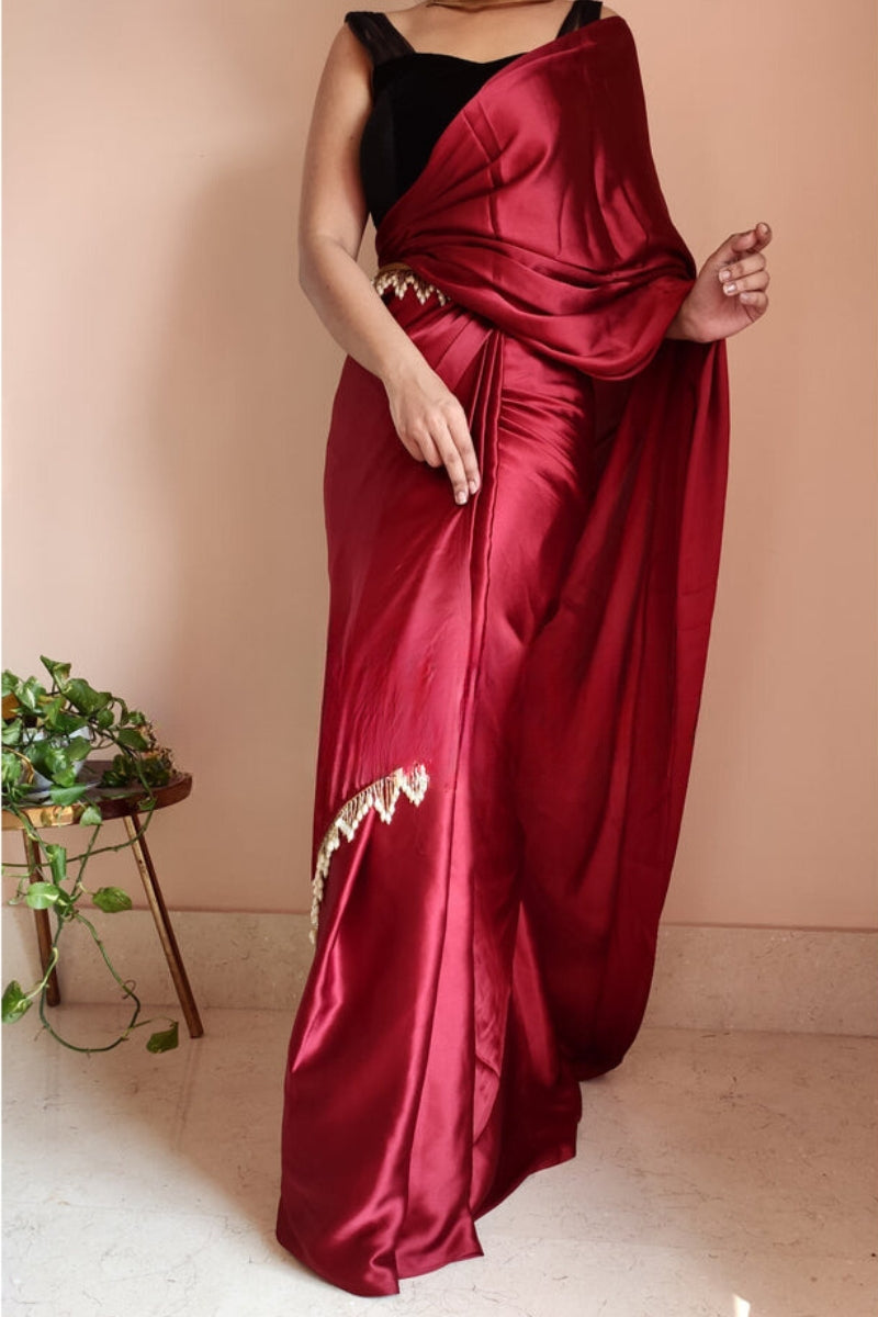 Elegant Maroon Satin Silk Saree with Grey Blouse Piece