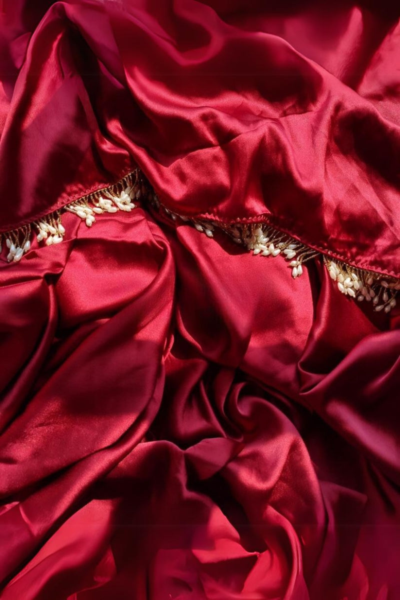 Elegant Maroon Satin Silk Saree with Grey Blouse Piece