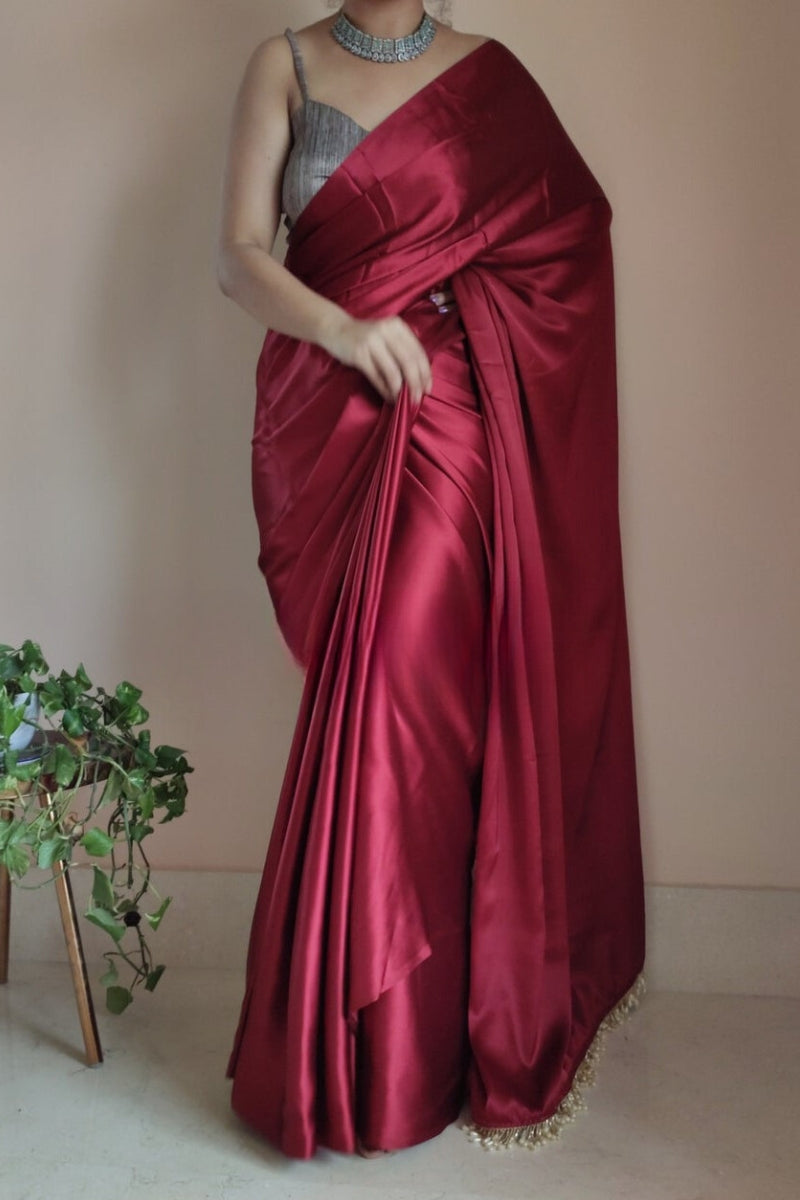 Elegant Maroon Satin Silk Saree with Grey Blouse Piece