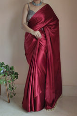 Elegant Maroon Satin Silk Saree with Grey Blouse Piece
