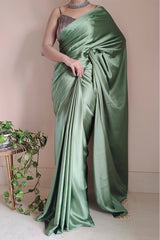 Elegant Moss Green Satin Silk Saree