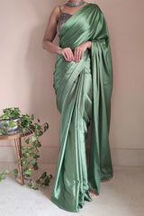 Elegant Moss Green Satin Silk Saree