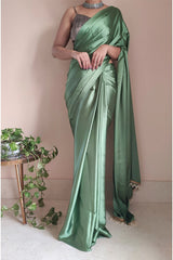 Elegant Moss Green Satin Silk Saree