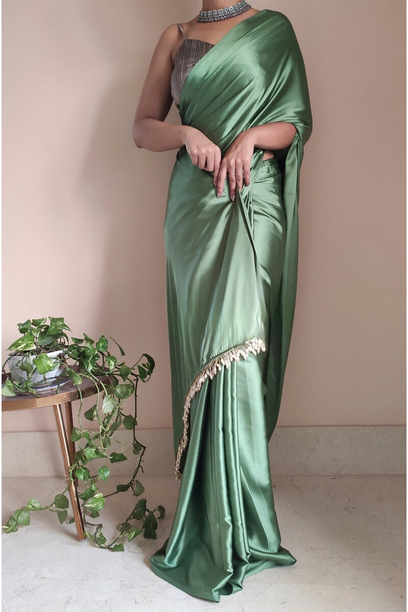 Elegant Moss Green Satin Silk Saree