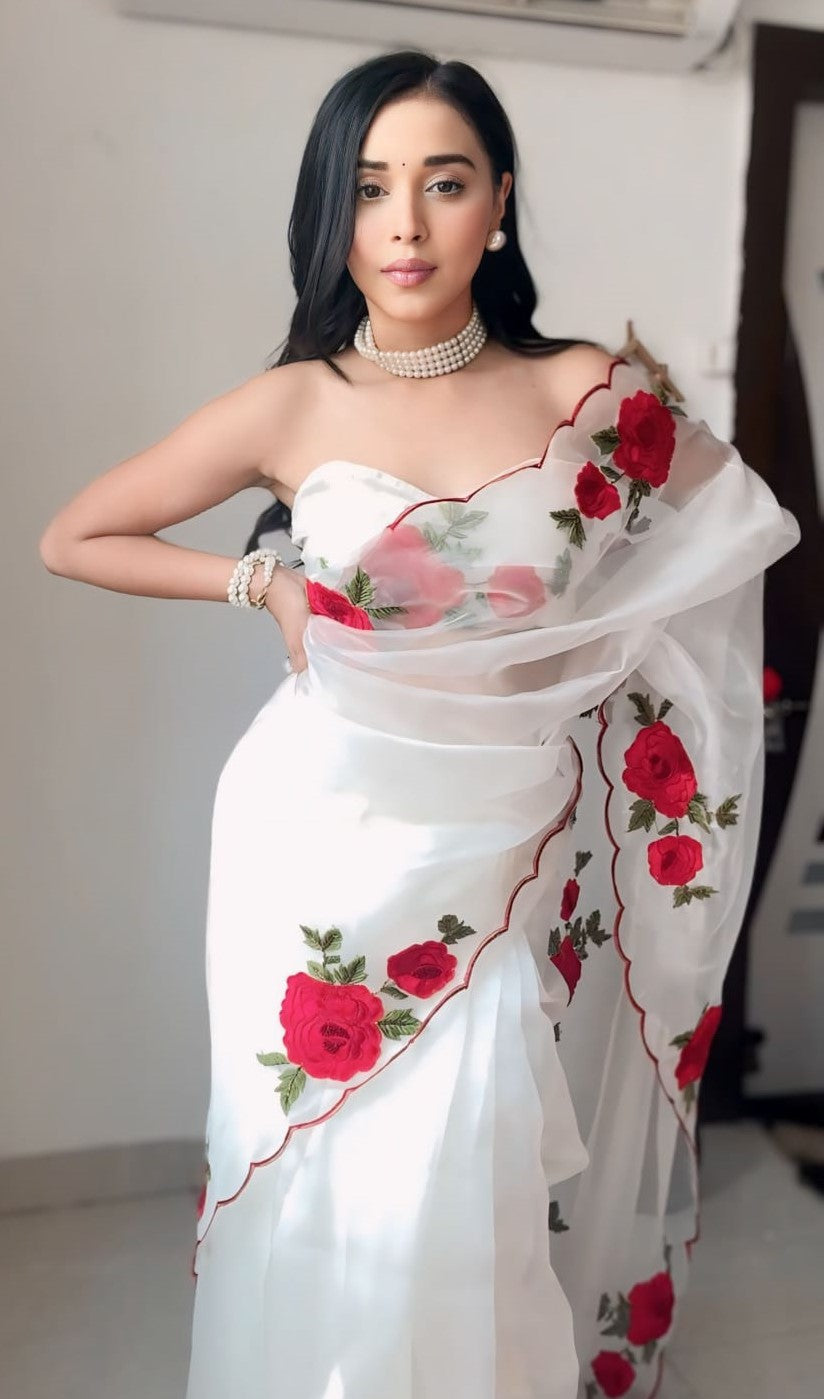 Elegant Off White Organza Silk Saree with Embroidery & Sequence Work