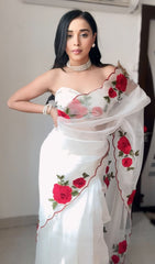 Elegant Off White Organza Silk Saree with Embroidery & Sequence Work