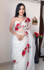Elegant Off White Organza Silk Saree with Embroidery & Sequence Work