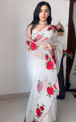Elegant Off White Organza Silk Saree with Embroidery & Sequence Work