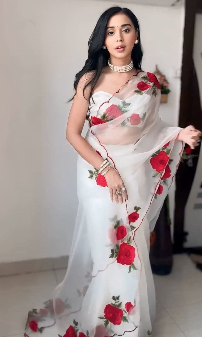 Elegant Off White Organza Silk Saree with Embroidery & Sequence Work