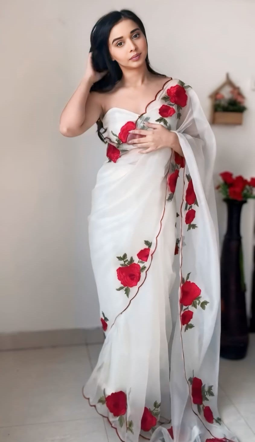 Elegant Off White Organza Silk Saree with Embroidery & Sequence Work