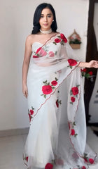 Elegant Off White Organza Silk Saree with Embroidery & Sequence Work