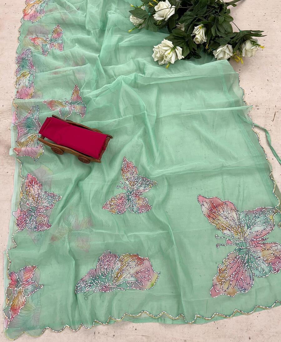 Elegant Pista Green Organza Silk Saree with Printed & Handwork Design